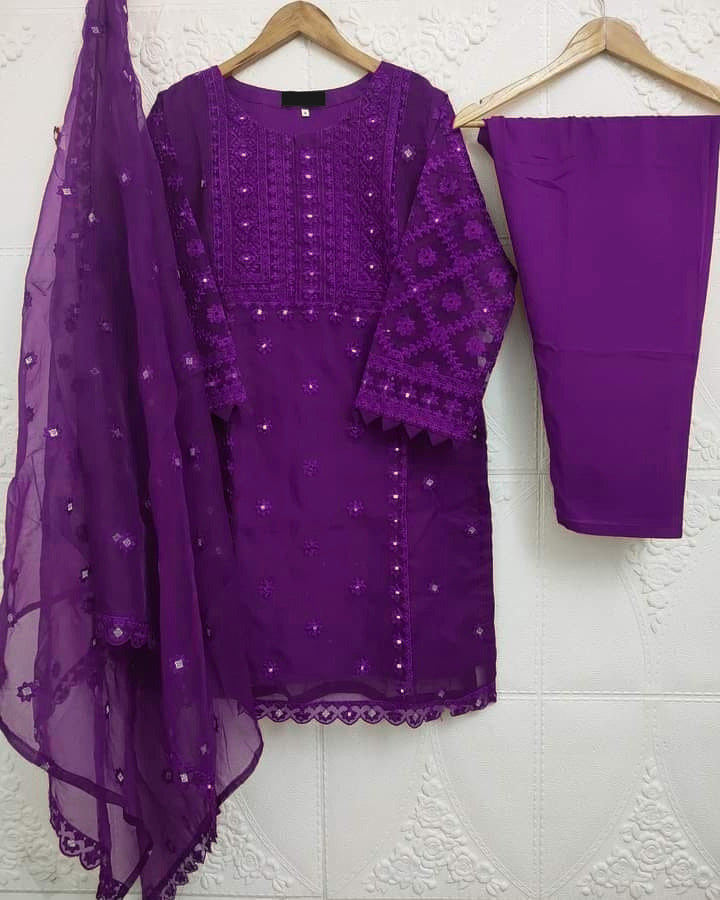3-Piece Heavy Embroidered Organza Dress with Pearls