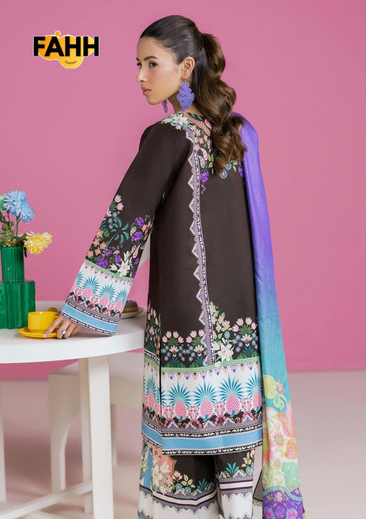 Dark Chocolate Floral & Pineapple Motif Printed Lawn Suit with Dupatta – 3 Piece