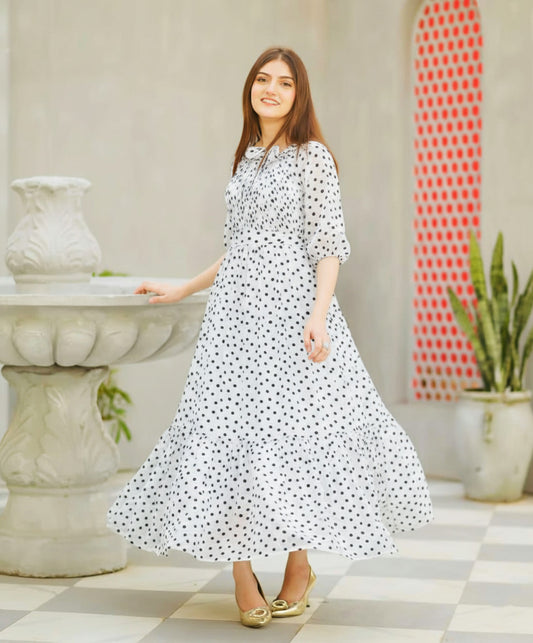 Polka Dot Printed Chiffon Tiered Maxi Dress with Attached Inner
