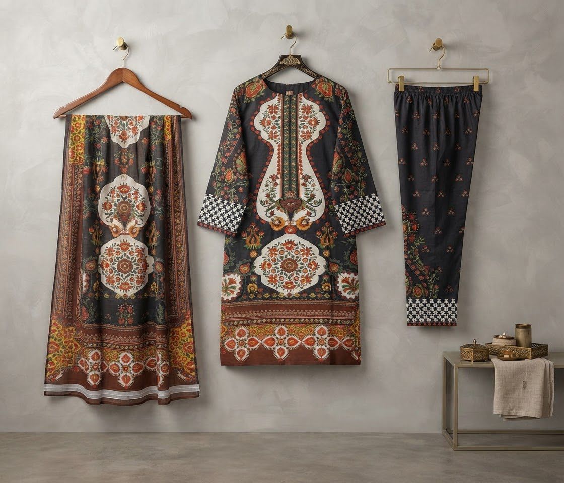 Charcoal Black & Rust Ethnic Medallion Printed Lawn Frock Set (3PC)