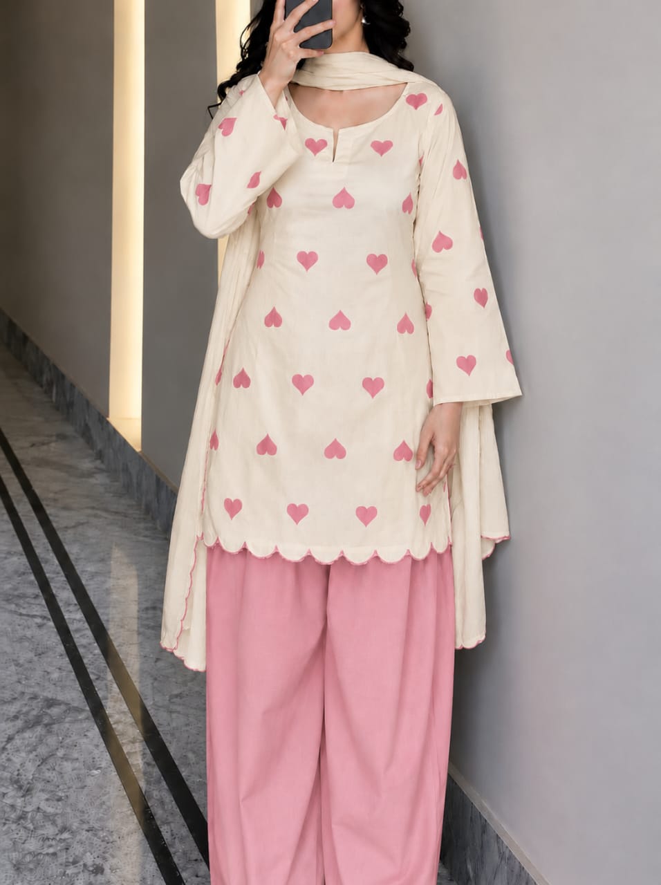 Heart Printed Lawn Farshi Shalwar Set (3PC)