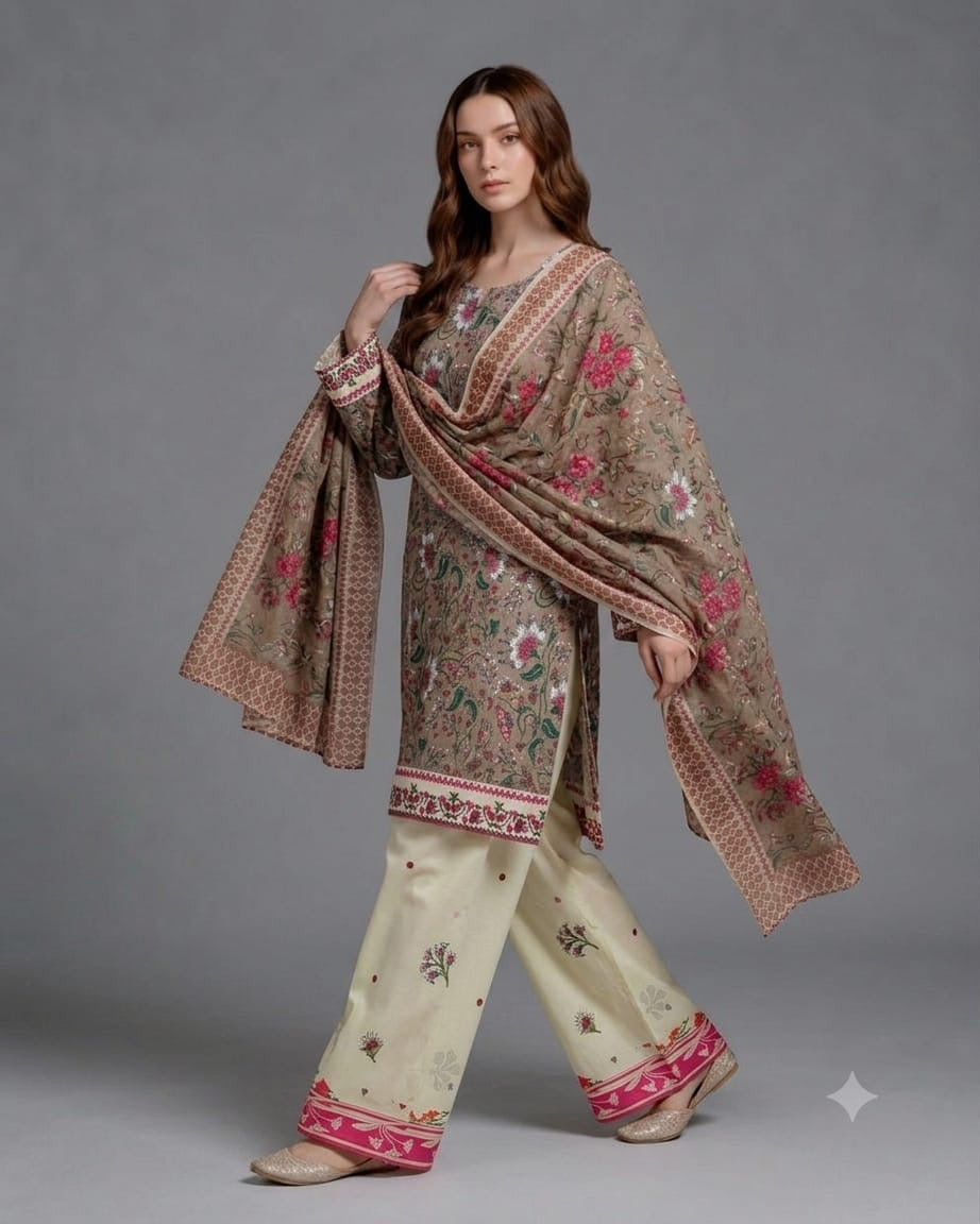 Earthy Taupe & Pink Vintage Floral Lawn Printed 3-Piece Suit