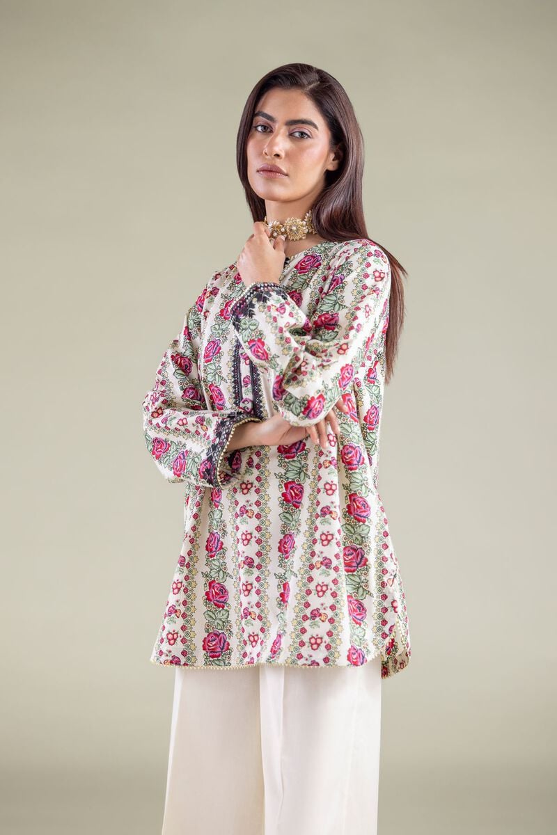 Floral Printed Kurta with Elegant White Farshi Shalwar