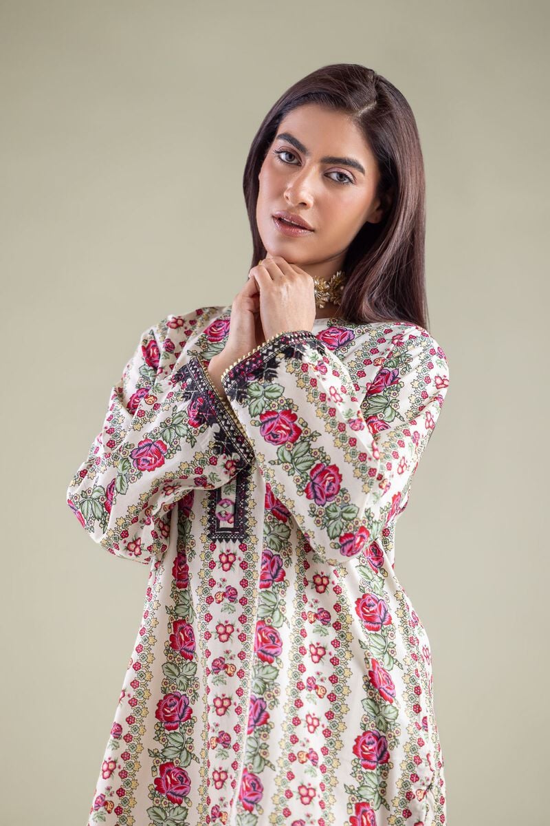 Floral Printed Kurta with Elegant White Farshi Shalwar