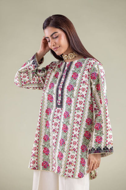 Floral Printed Kurta with Elegant White Farshi Shalwar