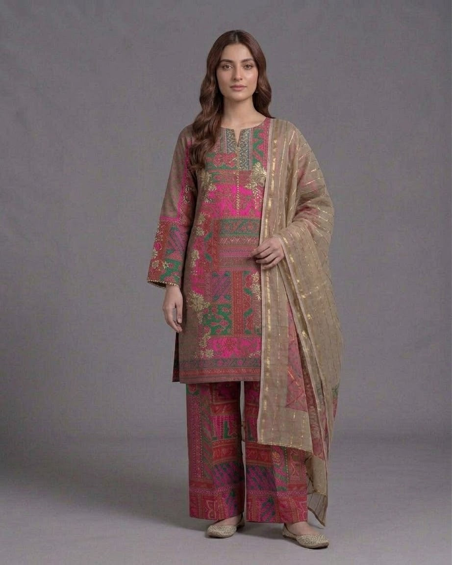 Muted Mocha & Magenta Printed Lawn 3-Piece Suit