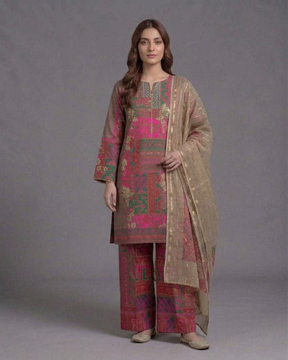 Muted Mocha & Magenta Printed Lawn 3-Piece Suit