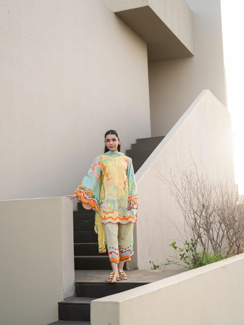 Sunlit Pastel Scalloped Lawn Printed 3-Piece Suit