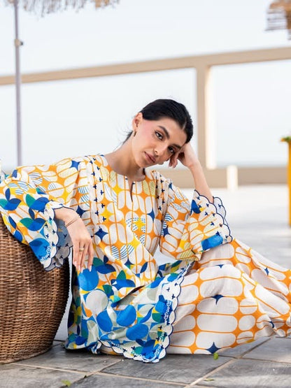 BREÈ- Vibrant Azure & Citrus Geometric Printed 2-Piece Suit
