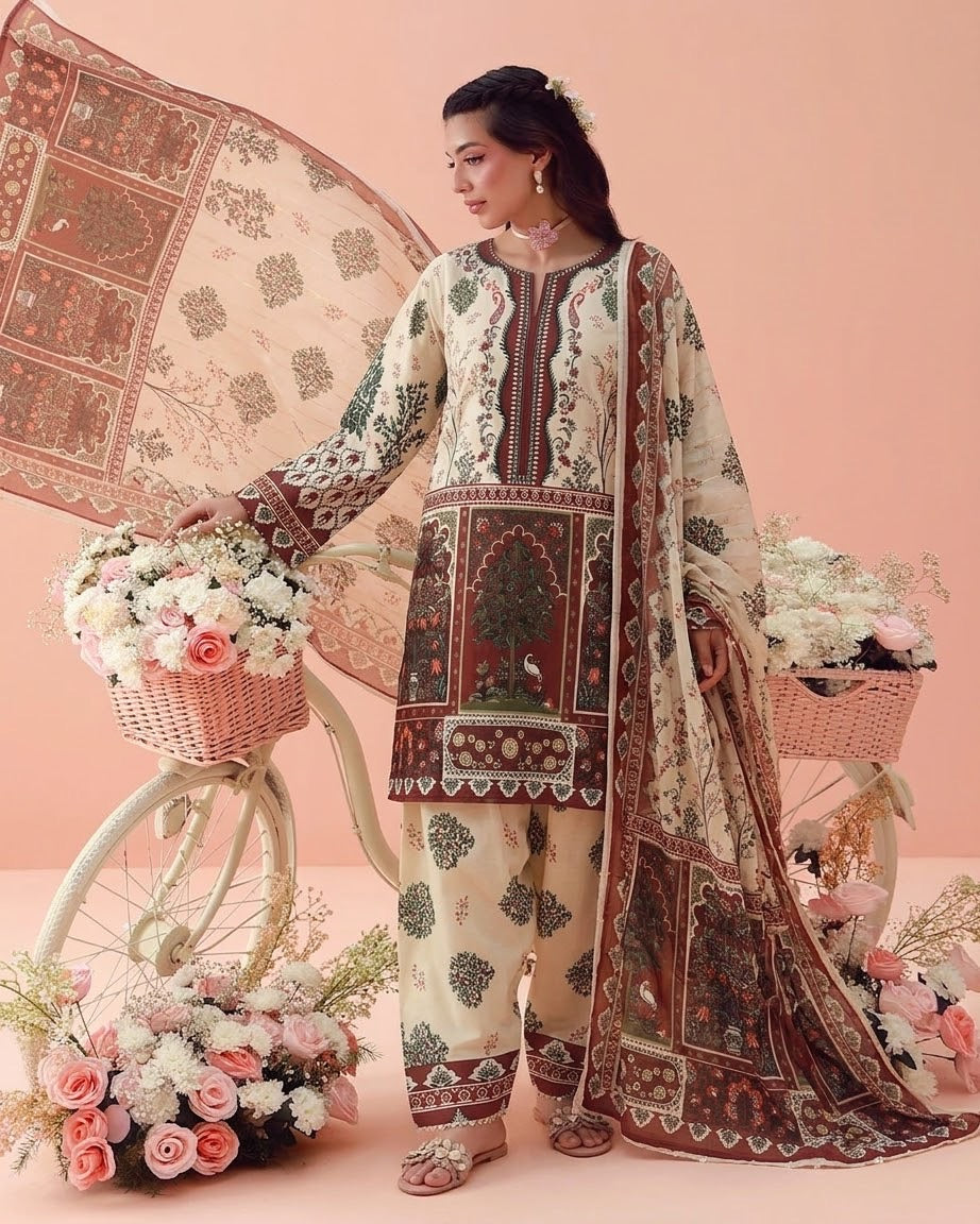 Earthy Heritage Floral Lawn Printed 3-Piece Suit