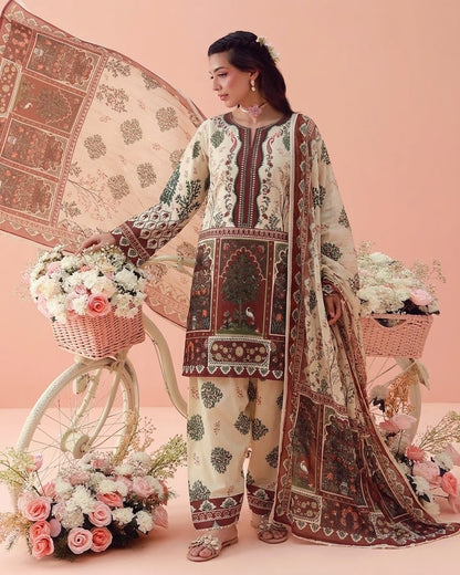 Earthy Heritage Floral Lawn Printed 3-Piece Suit