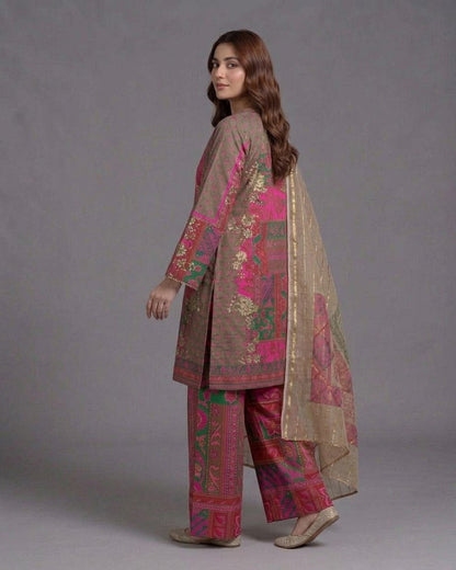 Muted Mocha & Magenta Printed Lawn 3-Piece Suit