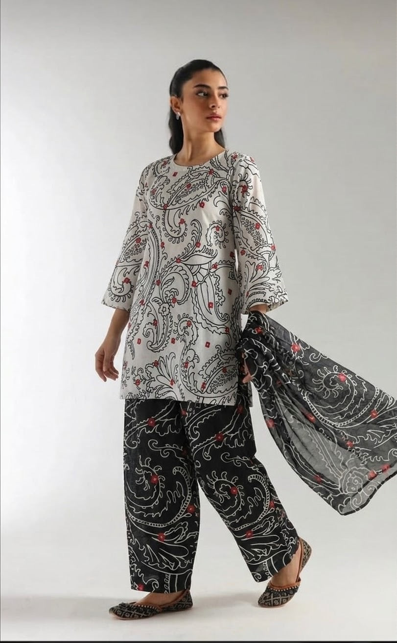 Monochrome Paisley Lawn Printed 3-Piece Suit