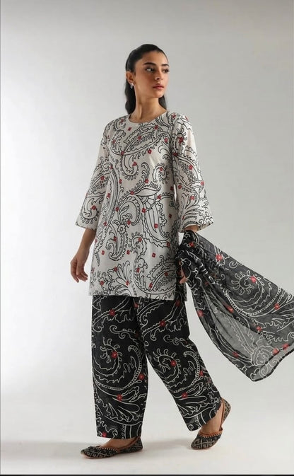Monochrome Paisley Lawn Printed 3-Piece Suit