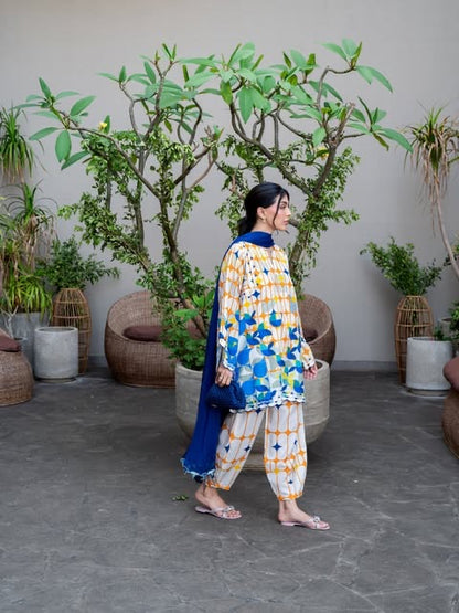 BREÈ- Vibrant Azure & Citrus Geometric Printed 2-Piece Suit