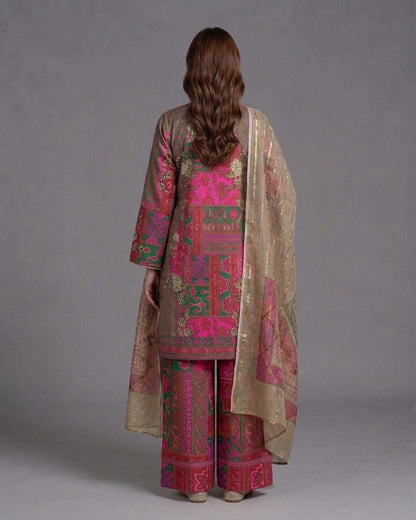 Muted Mocha & Magenta Printed Lawn 3-Piece Suit