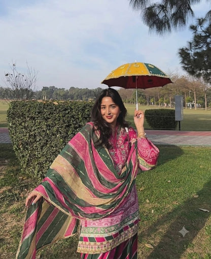 Magenta Floral Printed Lawn Kurti & Farshi Shalwar with Dupatta – 3 Piece
