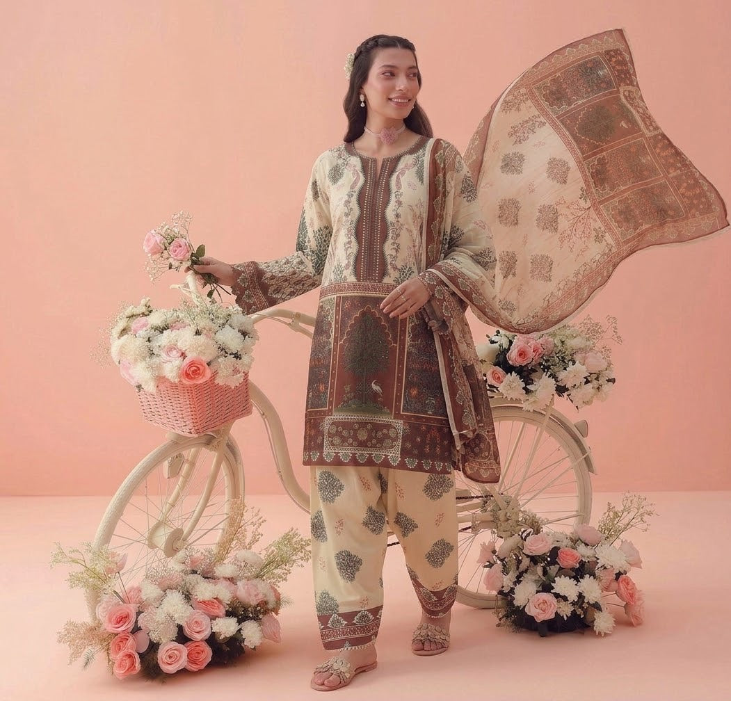 Earthy Heritage Floral Lawn Printed 3-Piece Suit