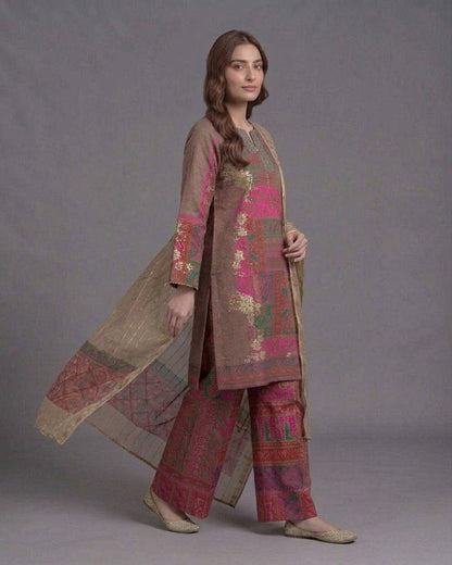 Muted Mocha & Magenta Printed Lawn 3-Piece Suit