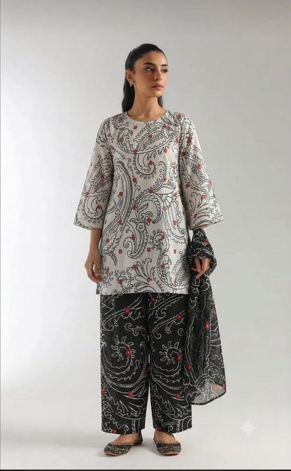 Monochrome Paisley Lawn Printed 3-Piece Suit