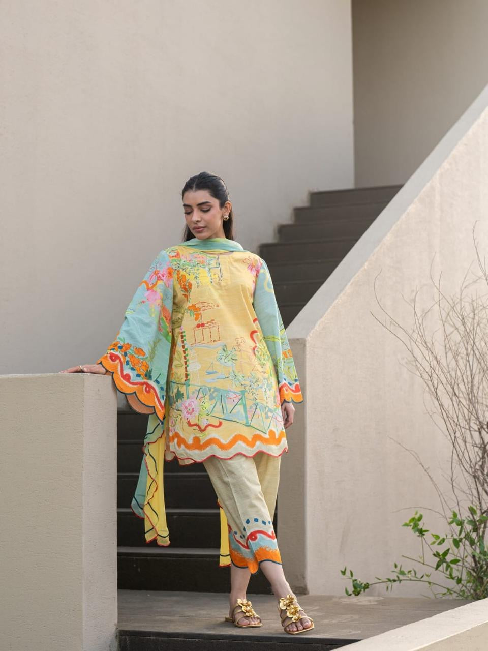 Sunlit Pastel Scalloped Lawn Printed 3-Piece Suit