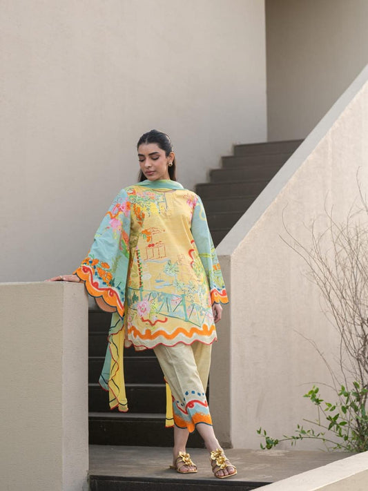 Sunlit Pastel Scalloped Lawn Printed 3-Piece Suit