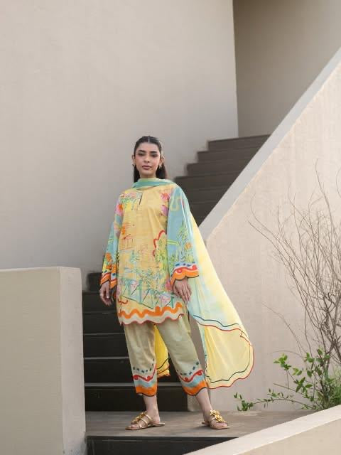 Sunlit Pastel Scalloped Lawn Printed 3-Piece Suit
