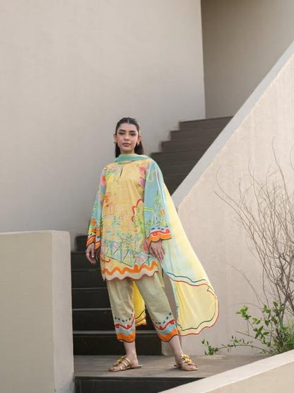 Sunlit Pastel Scalloped Lawn Printed 3-Piece Suit