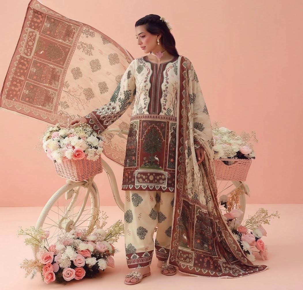 Earthy Heritage Floral Lawn Printed 3-Piece Suit
