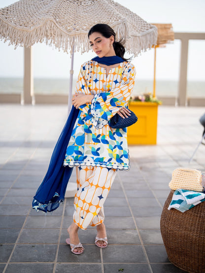 BREÈ- Vibrant Azure & Citrus Geometric Printed 2-Piece Suit
