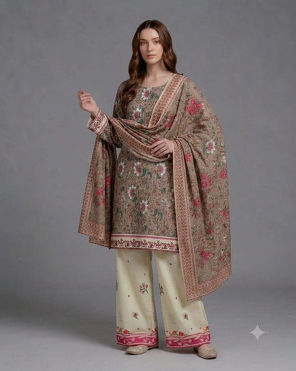Earthy Taupe & Pink Vintage Floral Lawn Printed 3-Piece Suit