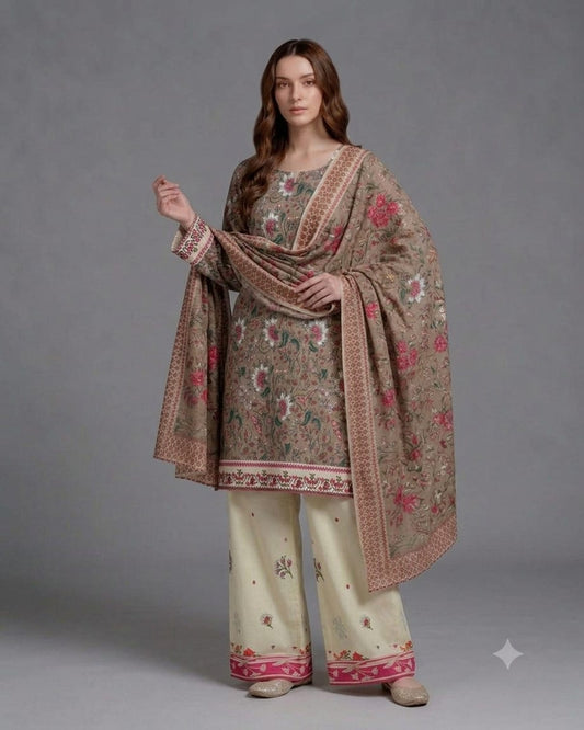 Earthy Taupe & Pink Vintage Floral Lawn Printed 3-Piece Suit