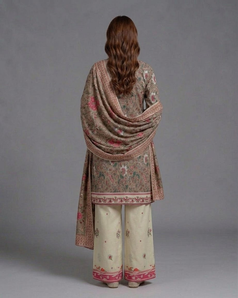 Earthy Taupe & Pink Vintage Floral Lawn Printed 3-Piece Suit