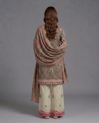 Earthy Taupe & Pink Vintage Floral Lawn Printed 3-Piece Suit