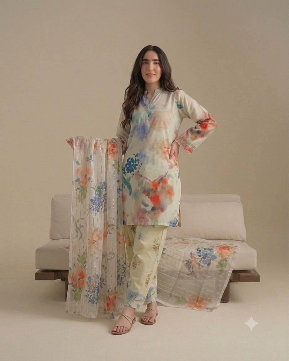 Pastel Watercolor Floral Lawn Printed 3-Piece Suit