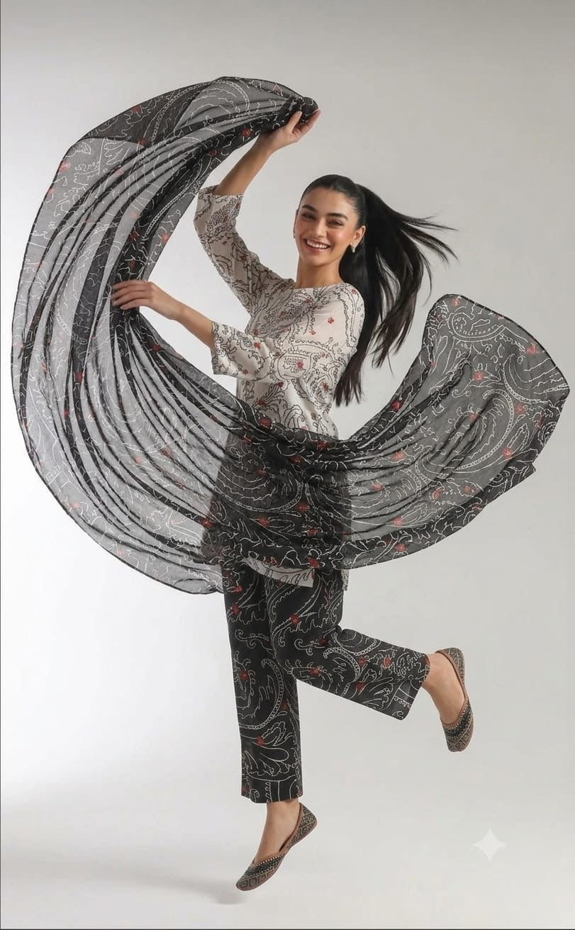 Monochrome Paisley Lawn Printed 3-Piece Suit