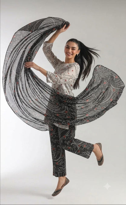 Monochrome Paisley Lawn Printed 3-Piece Suit