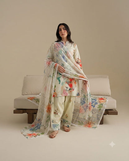 Pastel Watercolor Floral Lawn Printed 3-Piece Suit