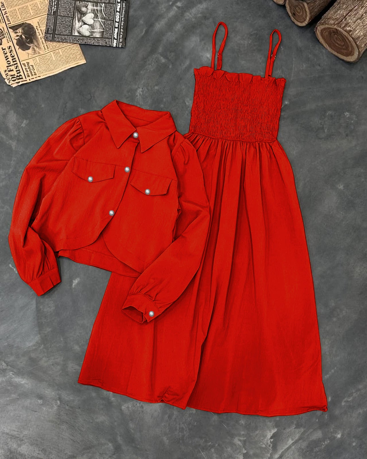 Monochrome Garden Party Set: Smocked Cami Maxi + Cropped Button-Down