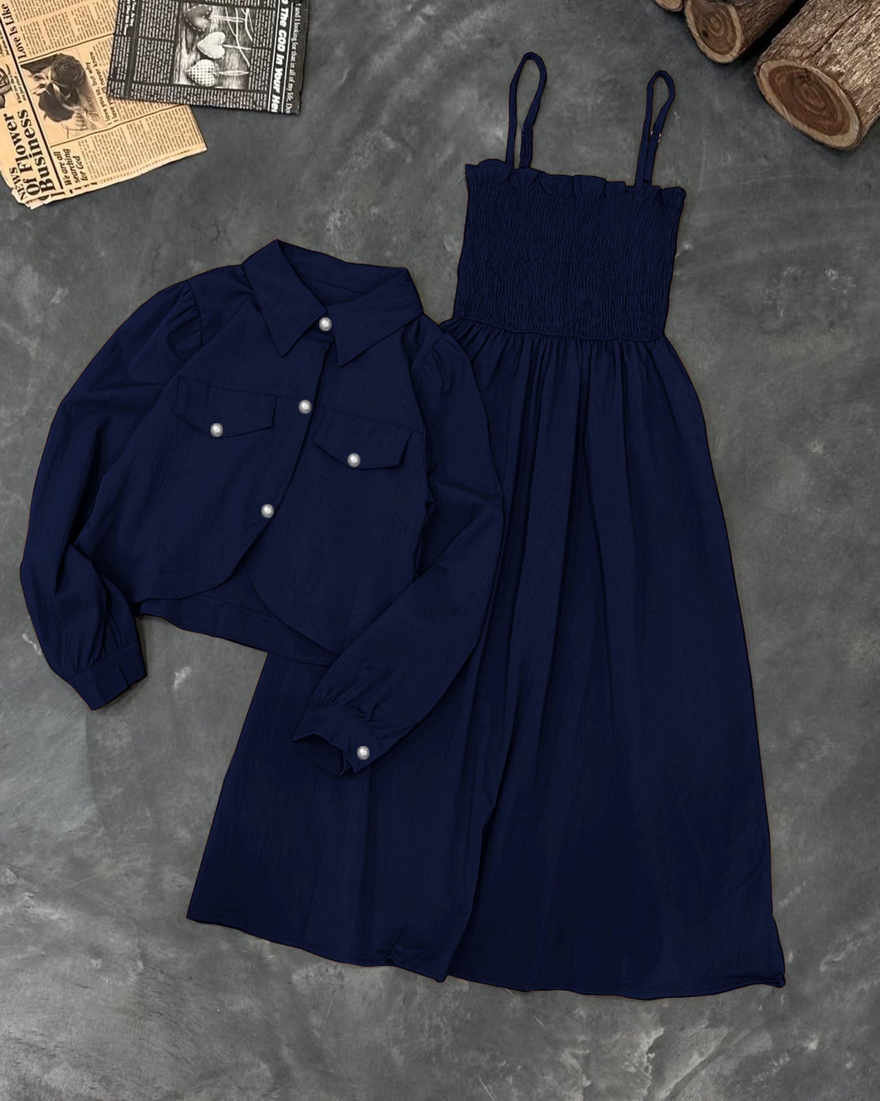 Monochrome Garden Party Set: Smocked Cami Maxi + Cropped Button-Down