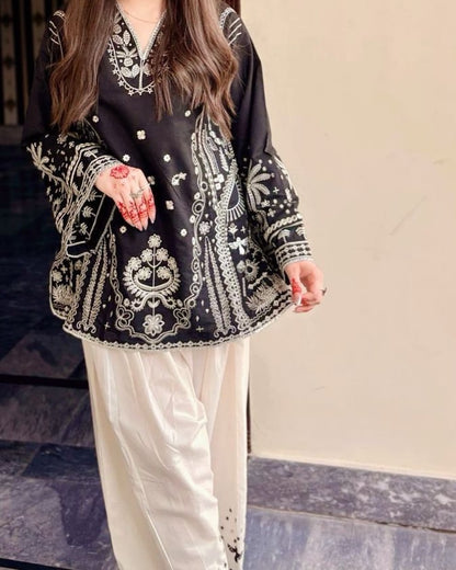 Onyx Starfall Scallop-Trim Embroidered 3-Piece Shalwar Set