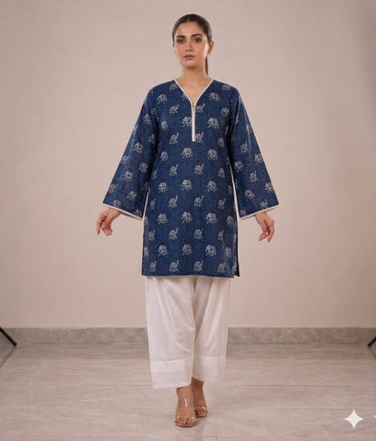 Indigo Elephant Print Kurta with White Farshi Shalwar