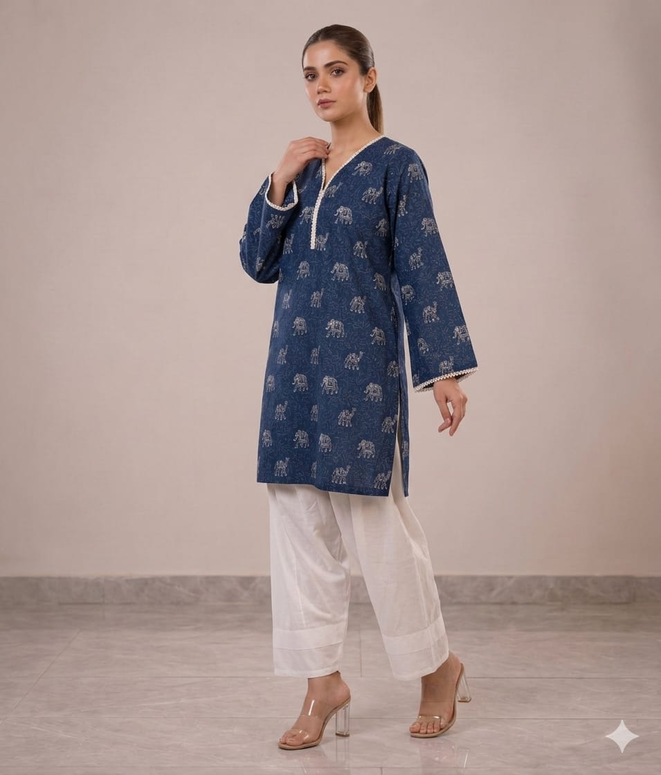 Indigo Elephant Print Kurta with White Farshi Shalwar