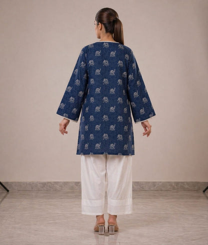 Indigo Elephant Print Kurta with White Farshi Shalwar