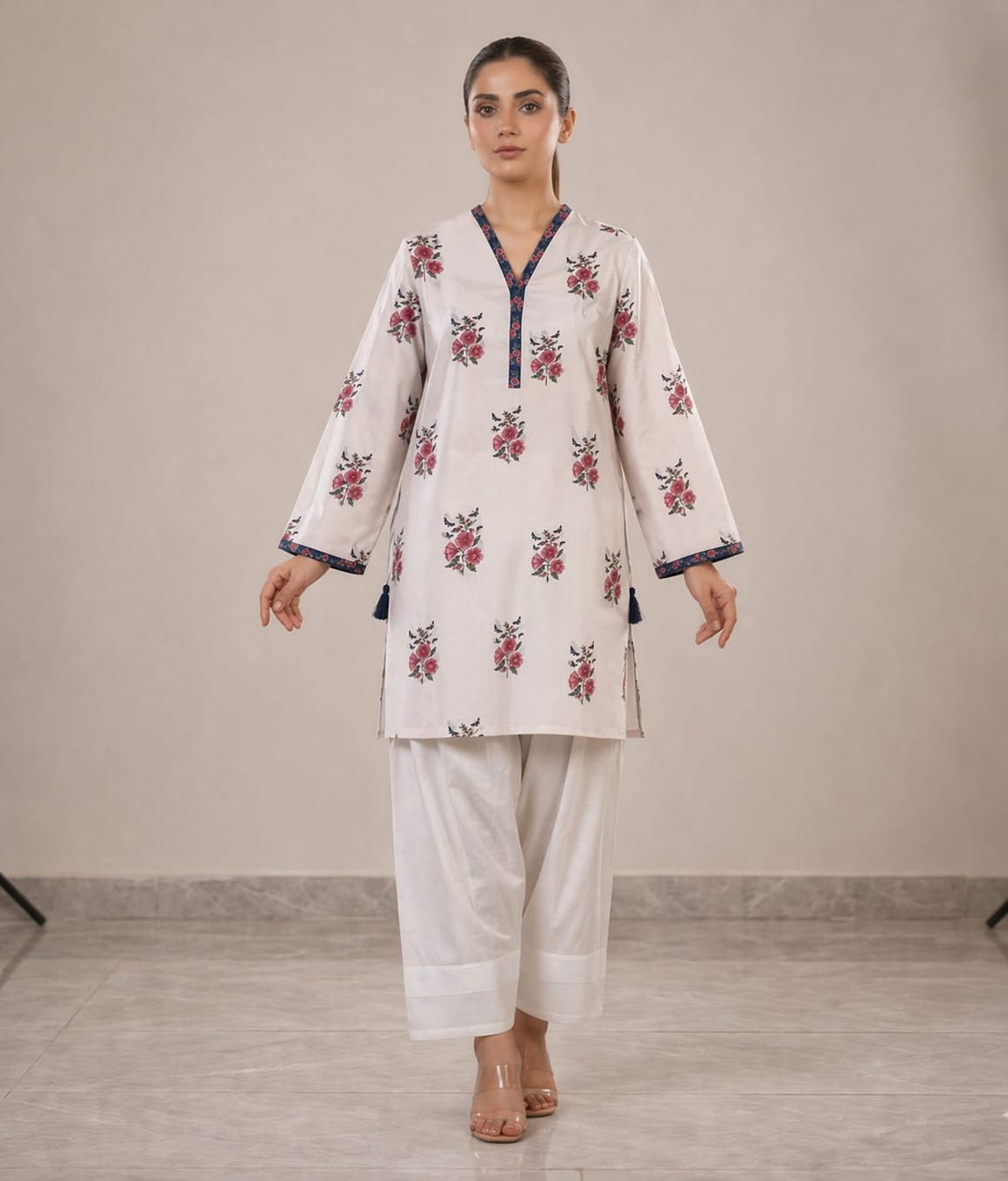 Soft Floral Printed Kurta with White Farshi Shalwar