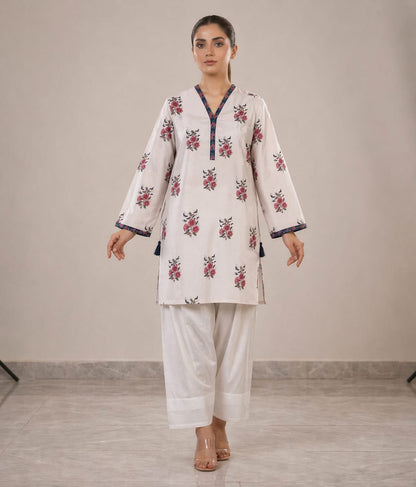Soft Floral Printed Kurta with White Farshi Shalwar