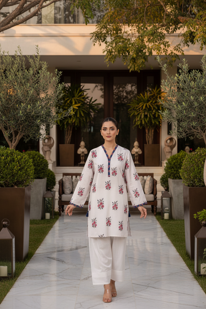 Soft Floral Printed Kurta with White Farshi Shalwar