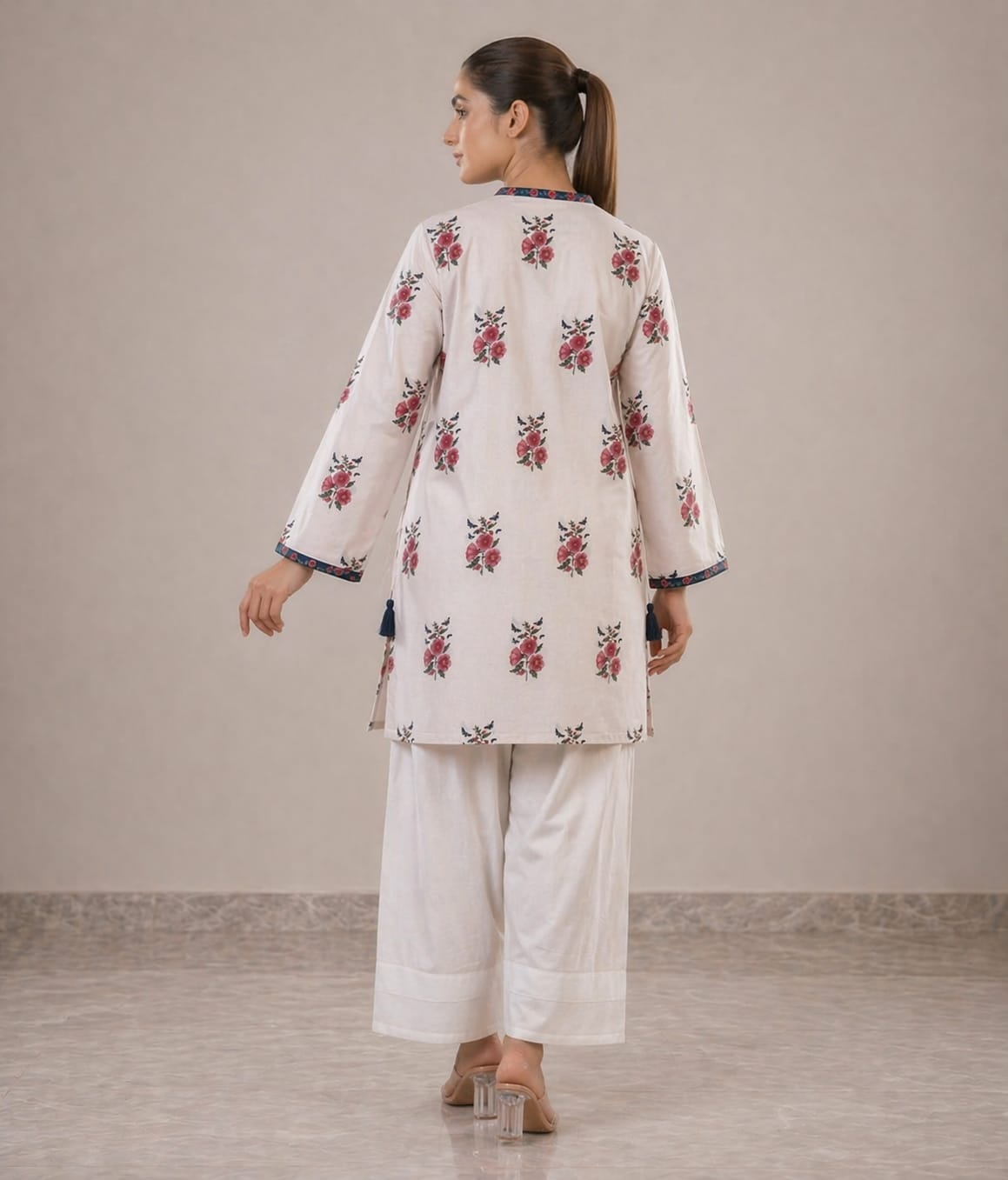 Soft Floral Printed Kurta with White Farshi Shalwar