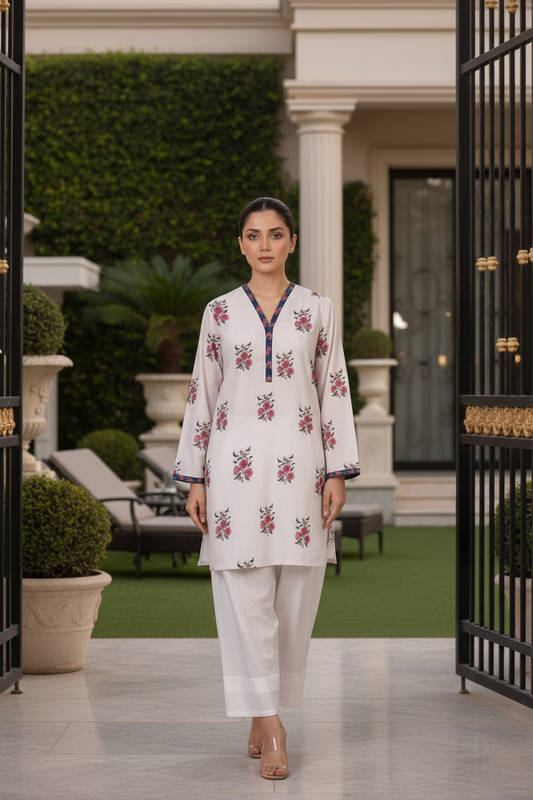 Soft Floral Printed Kurta with White Farshi Shalwar