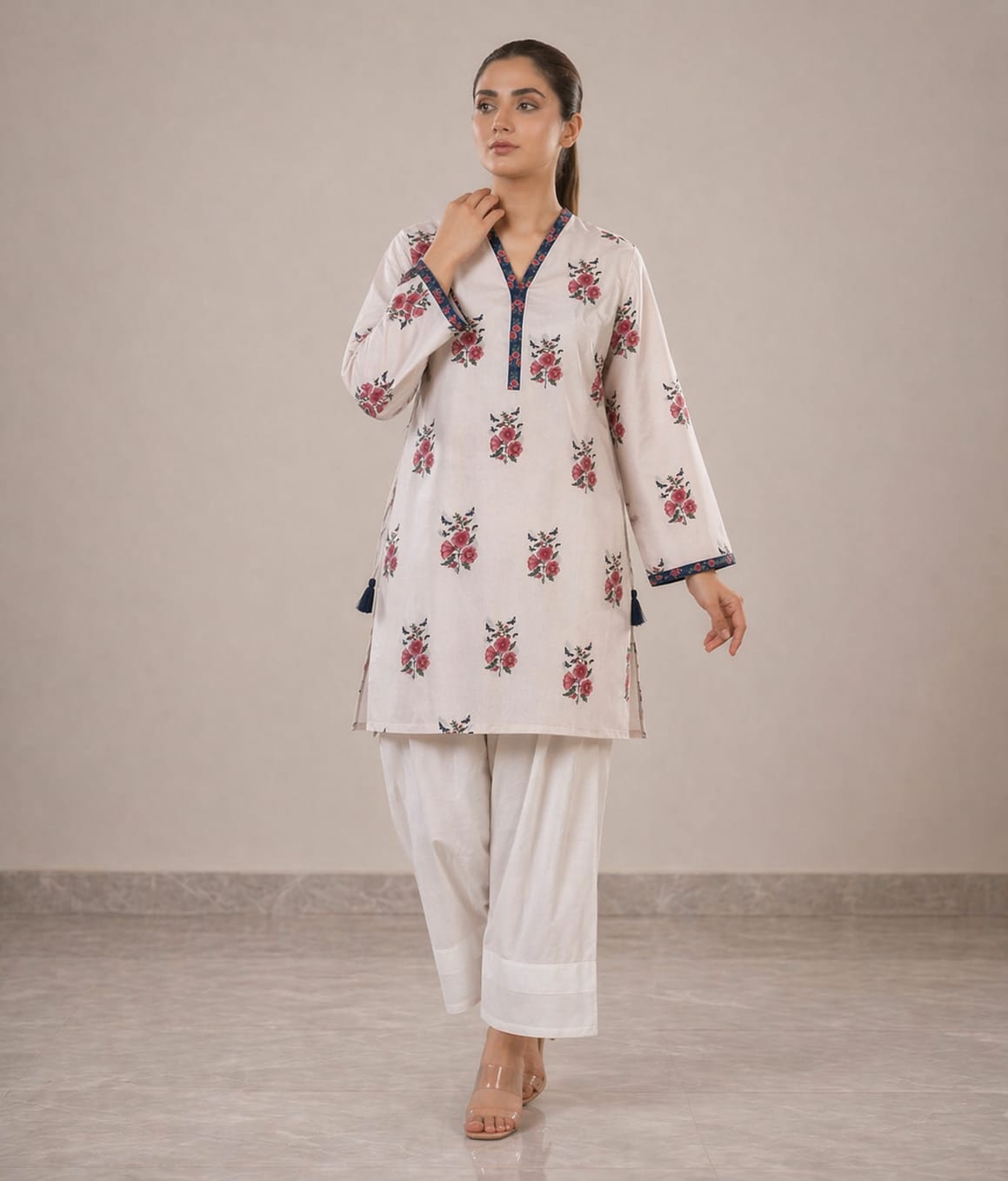 Soft Floral Printed Kurta with White Farshi Shalwar